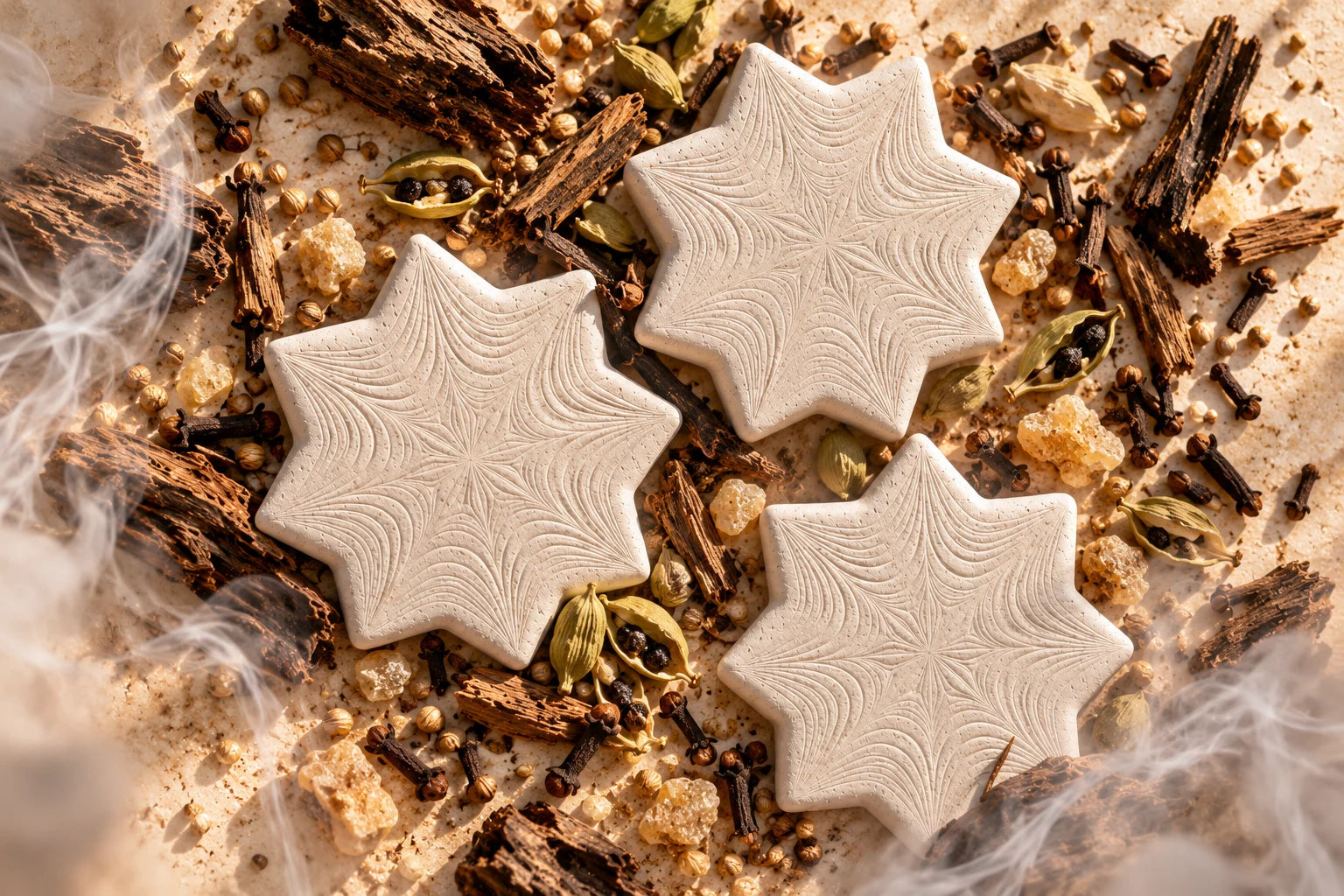 Three white aroma stones with fine frequency patterns nestled among oud, cardamom and resin