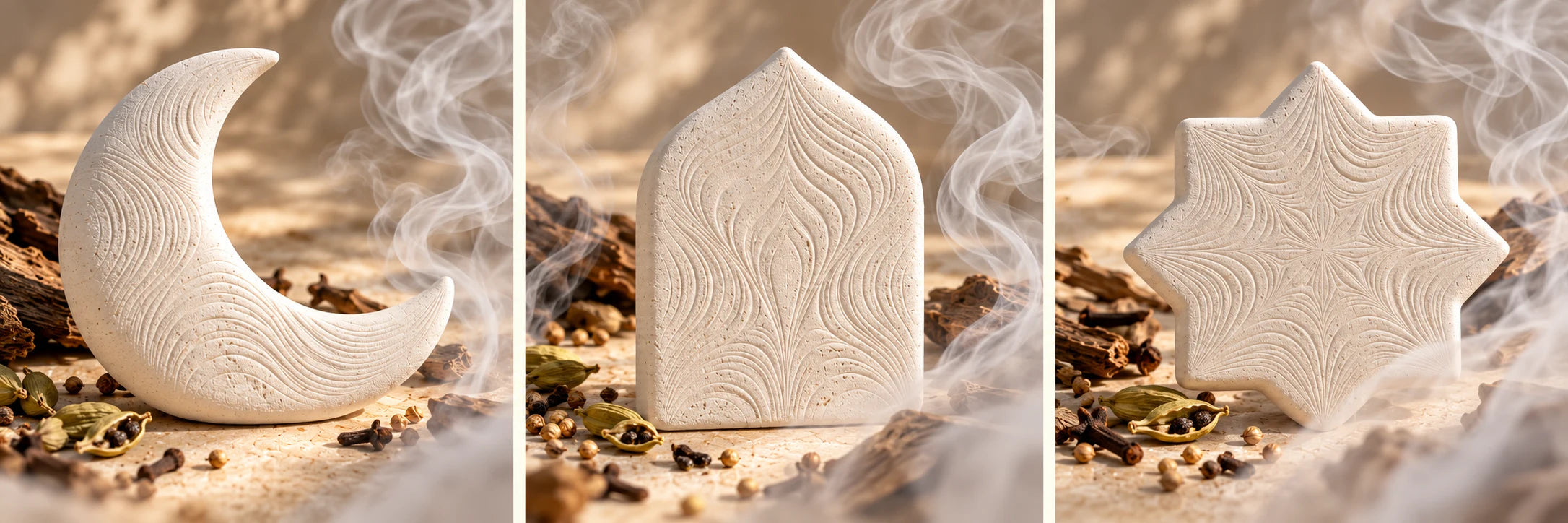 Crescent, architectural arch and star aroma-stone concepts with spices and atmospheric smoke