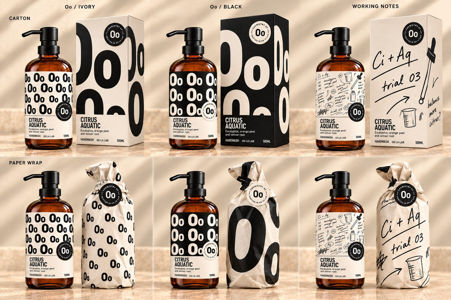 Three packaging directions shown as ivory Oo, black Oo and working notes with cartons and paper wraps